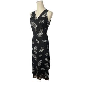 Vintage 90s 100% Silk Midi Length Dress Black + Feathers SMALL